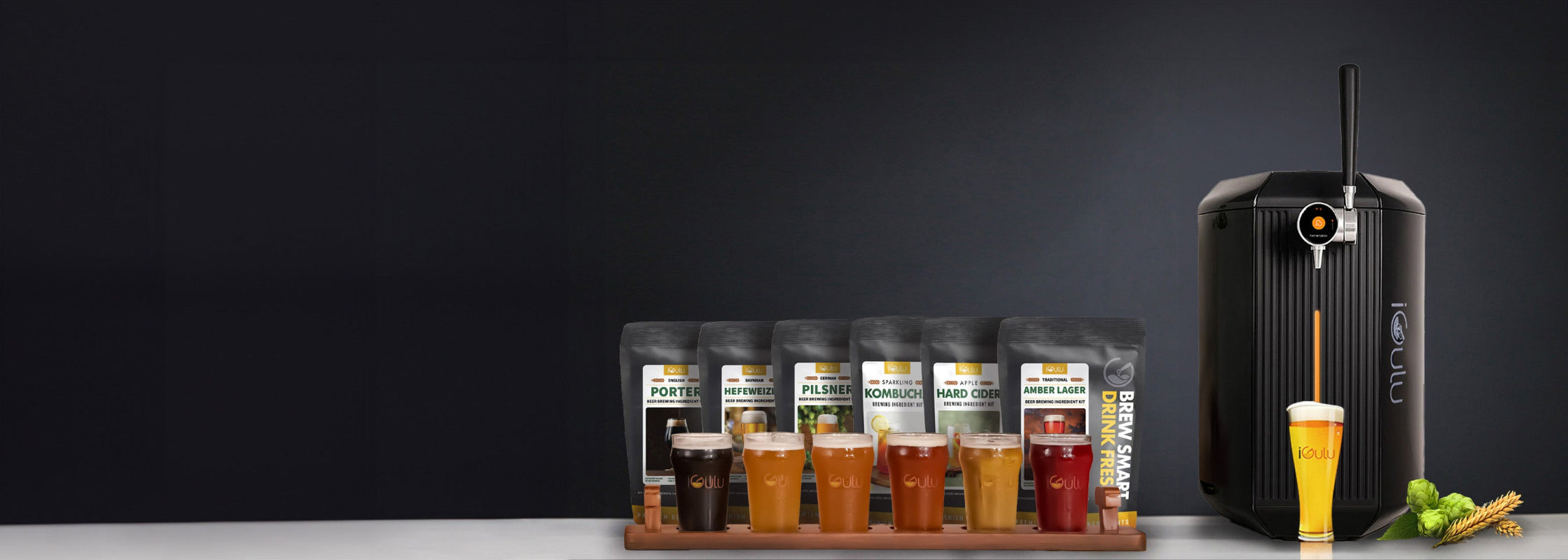 Assorted iGulu brew kits and a iGulu F1 on a dark background