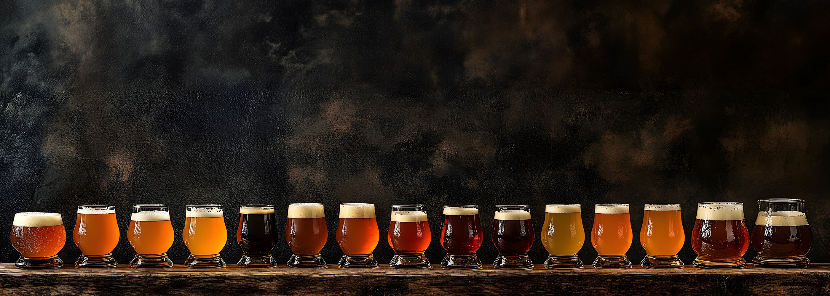 Row of beer samples in glasses on a wooden surface with a dark background