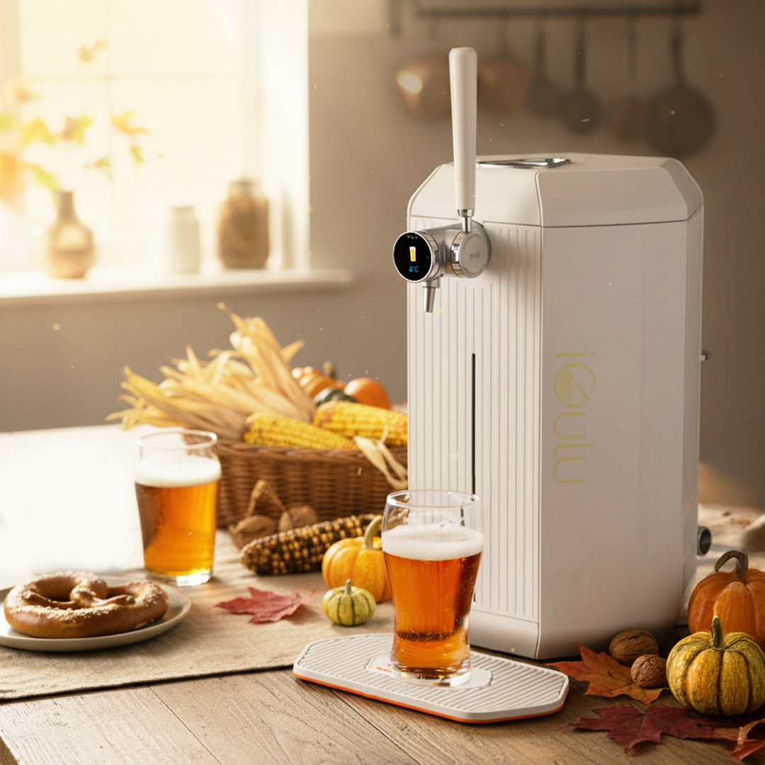 iGulu F1 Smart Brewer with Amber Ale and fall decor, perfect for cozy gatherings.
