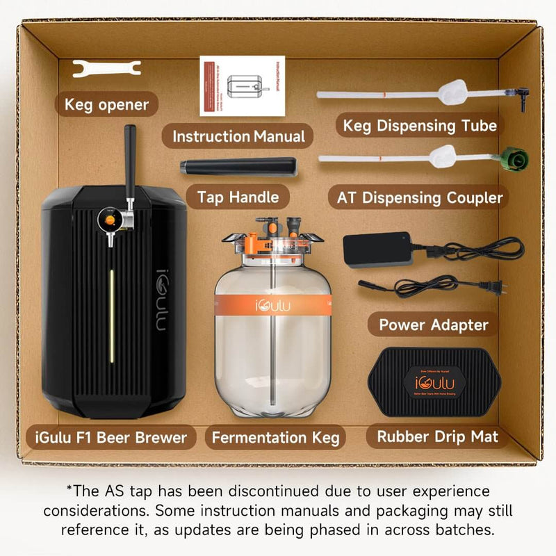 iGulu F1 Cyber Week Flagship Home Brewer Master Bundle components including keg opener, tap handle, and fermentation keg.