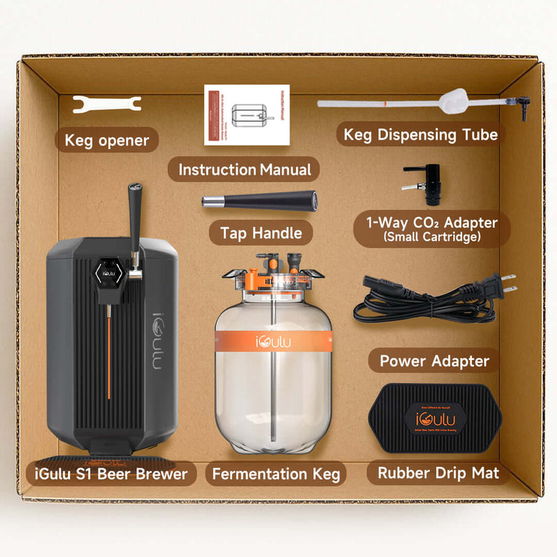 iGulu S1 Cyber Week Starter Home Brewer Smart Bundle contents including keg opener, tap handle, and fermentation keg.