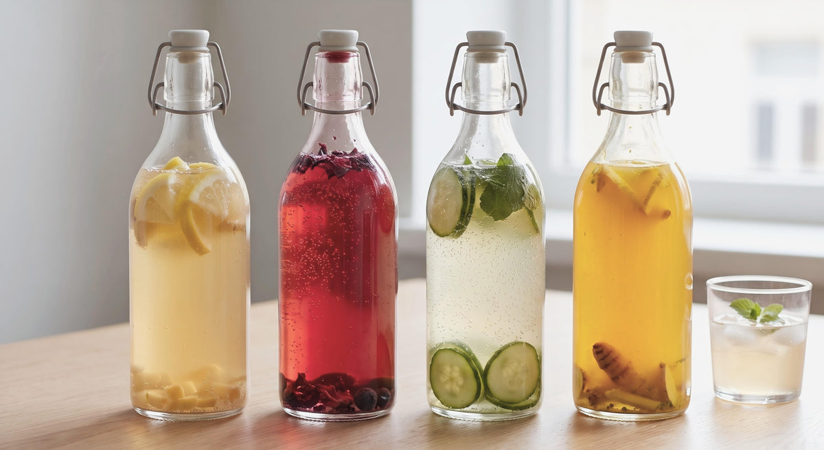 Variety of flavored beverages in glass bottles, showcasing water kefir brewing options.