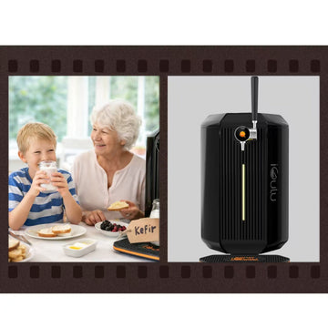 The Science of Kefir Texture discussed with family enjoying kefir and a kefir dispenser in view.