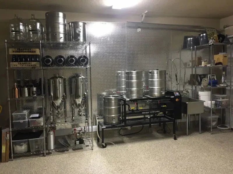 How is Beer Made in a Traditional Home Brewery setup with brewing equipment and storage.