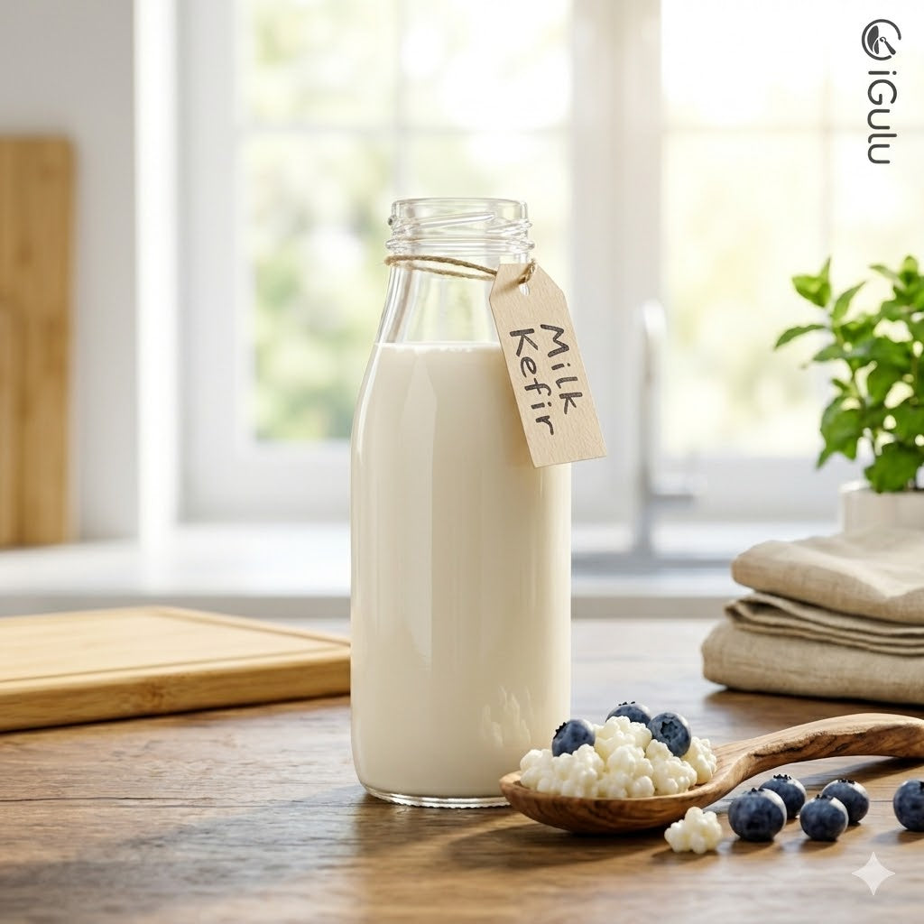 How to Make Milk Kefir at Home: Fresh milk kefir in a glass bottle with kefir grains on a wooden spoon.