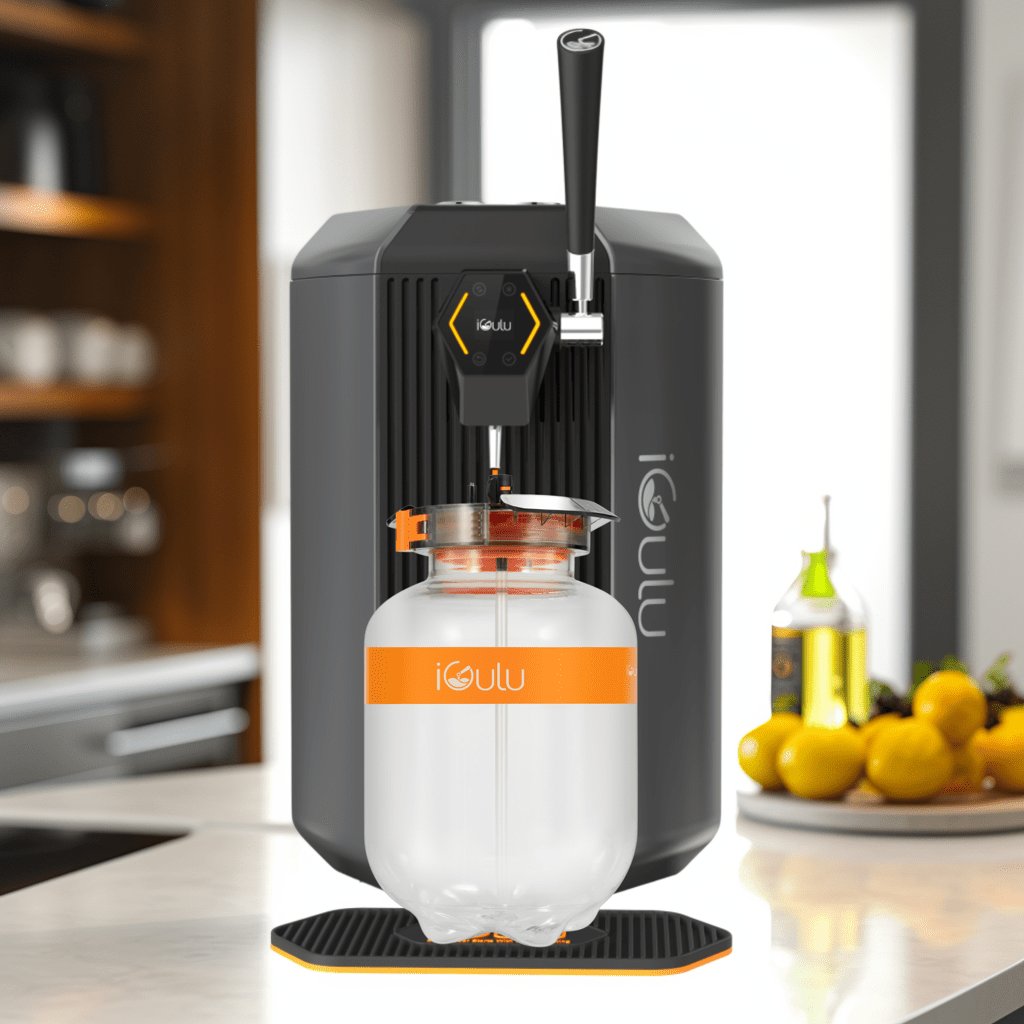 Accessories for home brewing with igulu beer dispenser and glass container on kitchen counter.