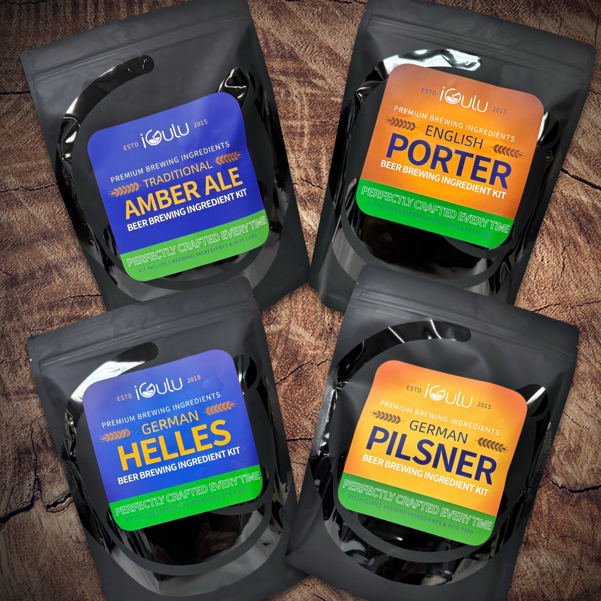 Brewing Ingredient Kits featuring Traditional Amber Ale, English Porter, German Helles, and German Pilsner.