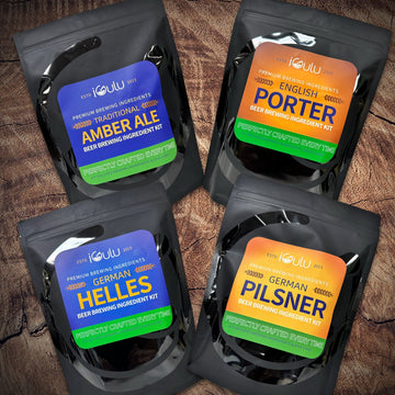 Brewing Ingredient Kits featuring Traditional Amber Ale, English Porter, German Helles, and German Pilsner.