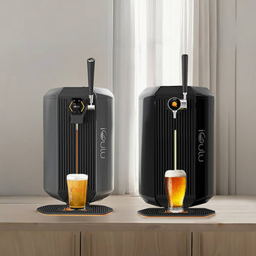 Automated Home Brewers showcasing two sleek home beer dispensers pouring craft beer.