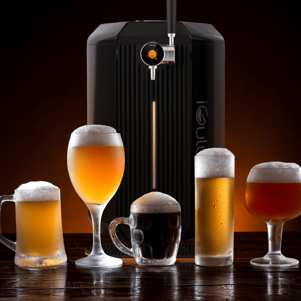 iGulu Craft Beer displayed with various glasses and a beer dispenser showcasing different beer types.