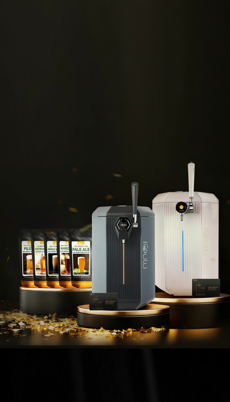 Two electronic devices on stands with bottles of beer in the background against a dark background