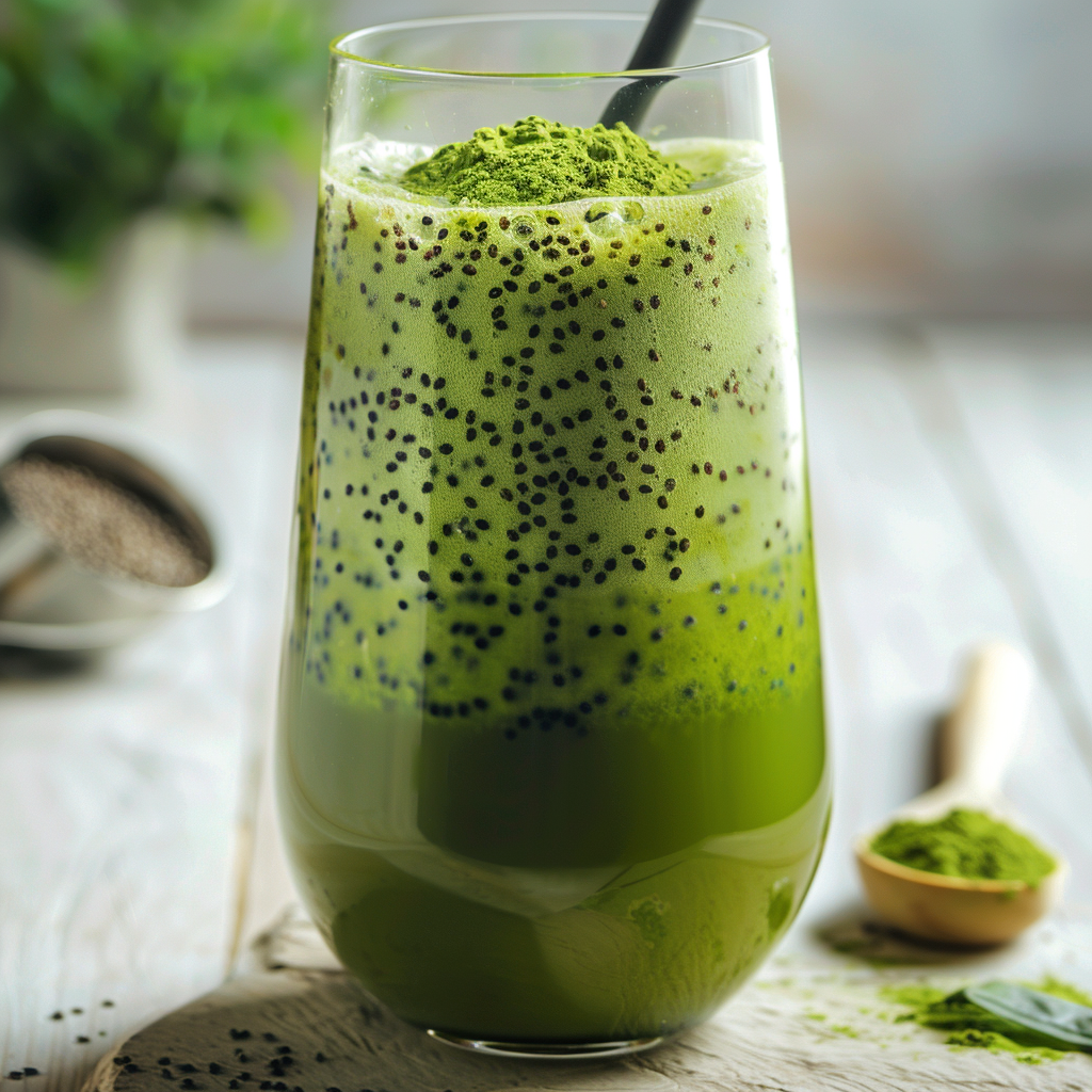 A green matcha chia kombucha in a tall glass, cloudy with suspended chia seeds and bubbles, cozy daylight scene