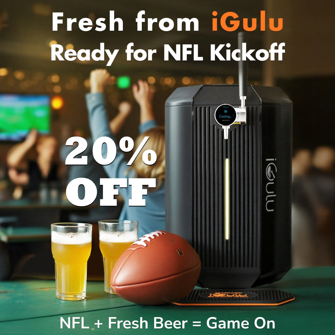 iGulu F1 brewer with football, beer glasses, and text about NFL kickoff and discount offer.