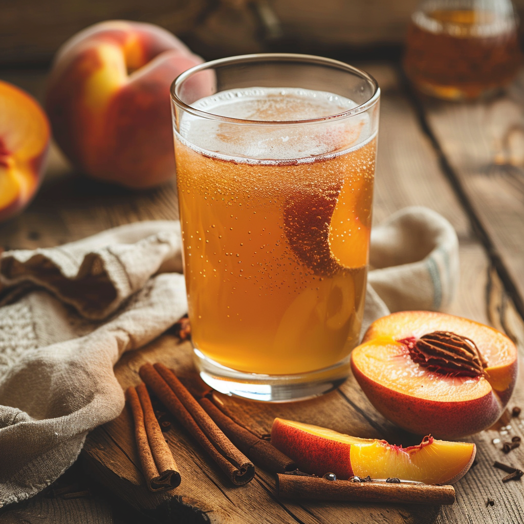 A glass of fermented kombucha with peach and cinnamon, amber color, on a rustic wooden background