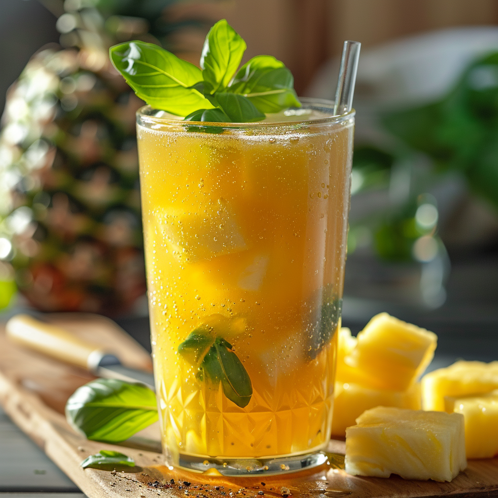 Golden pineapple kombucha with fresh basil, visible carbonation, styled on a summer kitchen table
