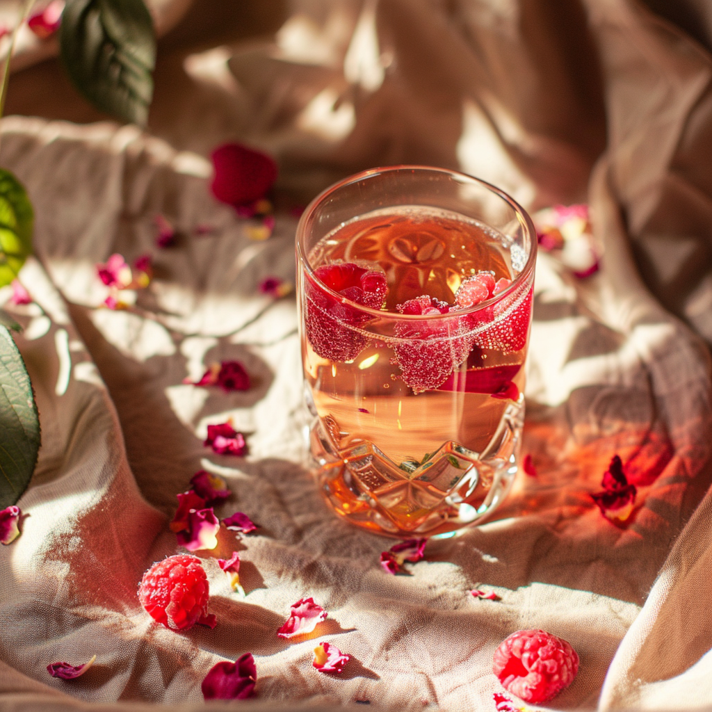 Fermented raspberry kombucha in a transparent glass, garnished with rose petals, warm ambient background