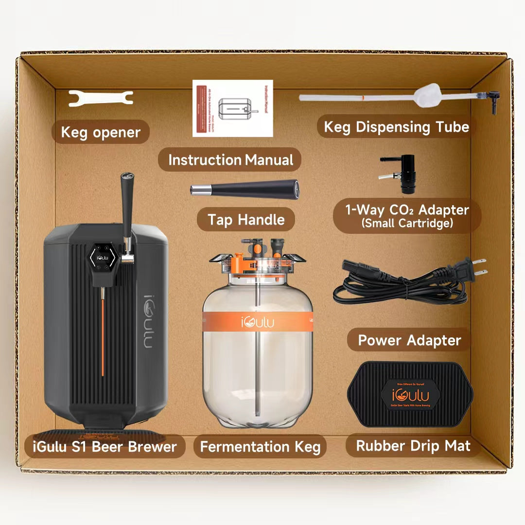 iGulu S1 beer brewing system packaging with all components displayed