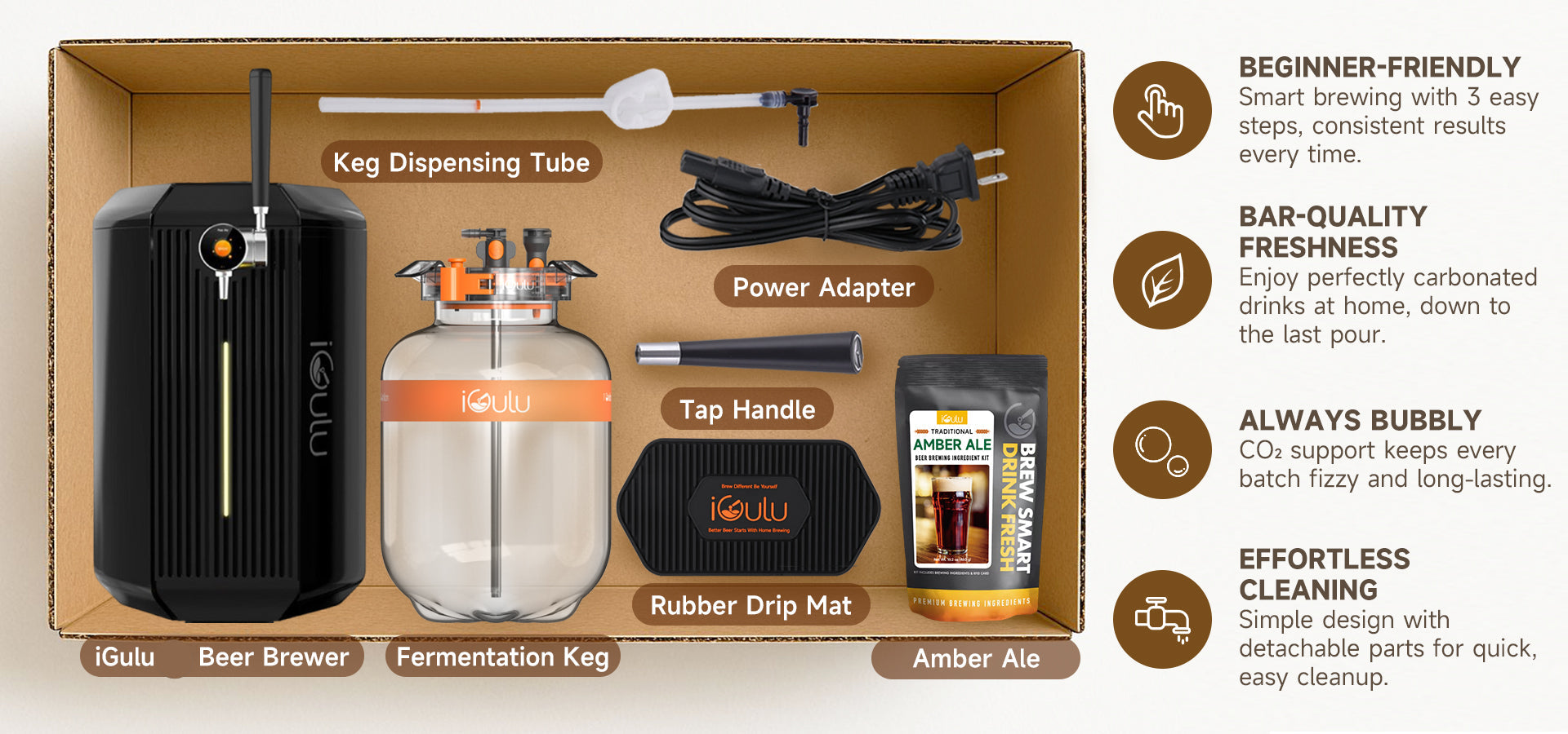 Beer brewing kit with components and features listed on a beige background