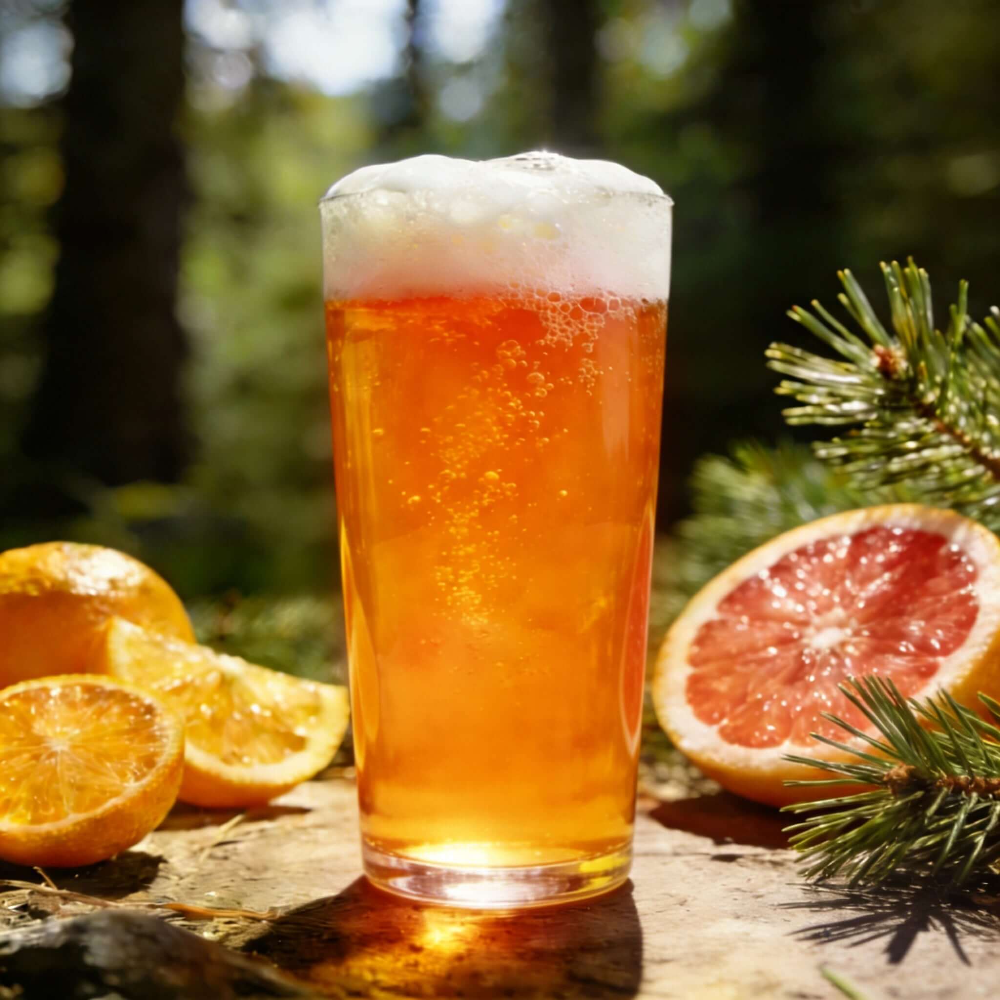 iGulu Citra West Coast Double IPA Ingredient Kit in a glass, surrounded by citrus fruits and pine.