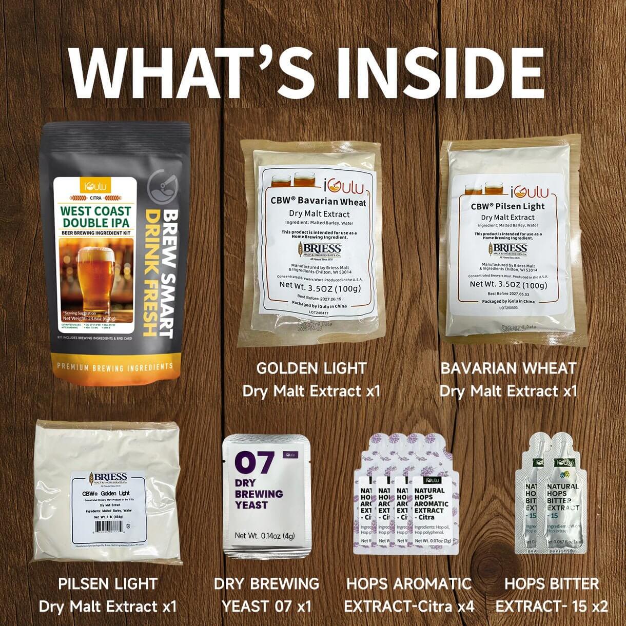 iGulu Citra West Coast Double IPA Ingredient Kit contents with malt extracts and hops displayed