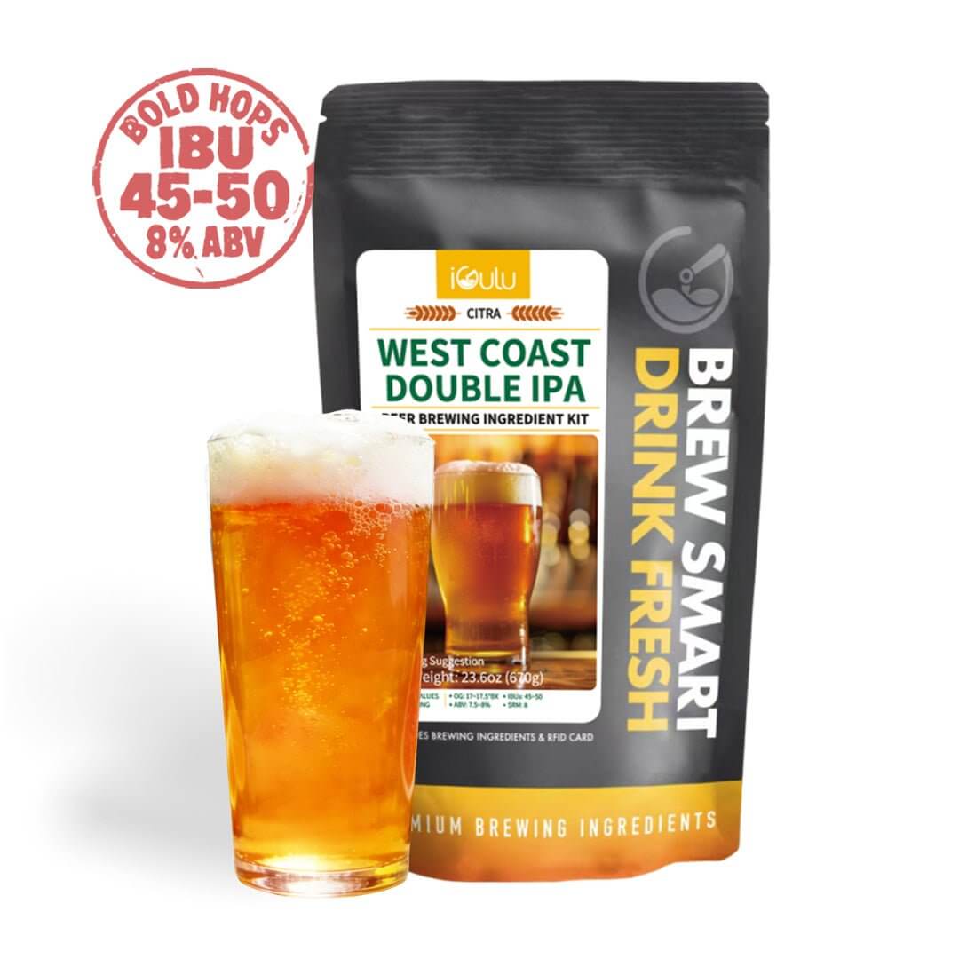 iGulu Citra West Coast Double IPA Ingredient Kit with a glass of beer and ingredients in a sleek pouch.