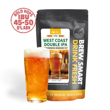 iGulu Citra West Coast Double IPA Ingredient Kit with a glass of beer and ingredients in a sleek pouch.