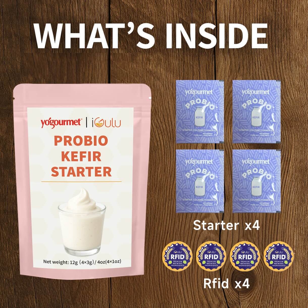iGulu Probio Kefir Starter Kit contents including packets and RFID labels.