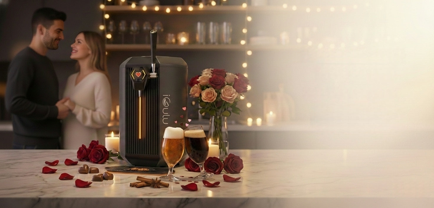 iGulu home brew machine on a table with glasses of coffee, flowers, and a woman in the background.slider_item_aUjYeK